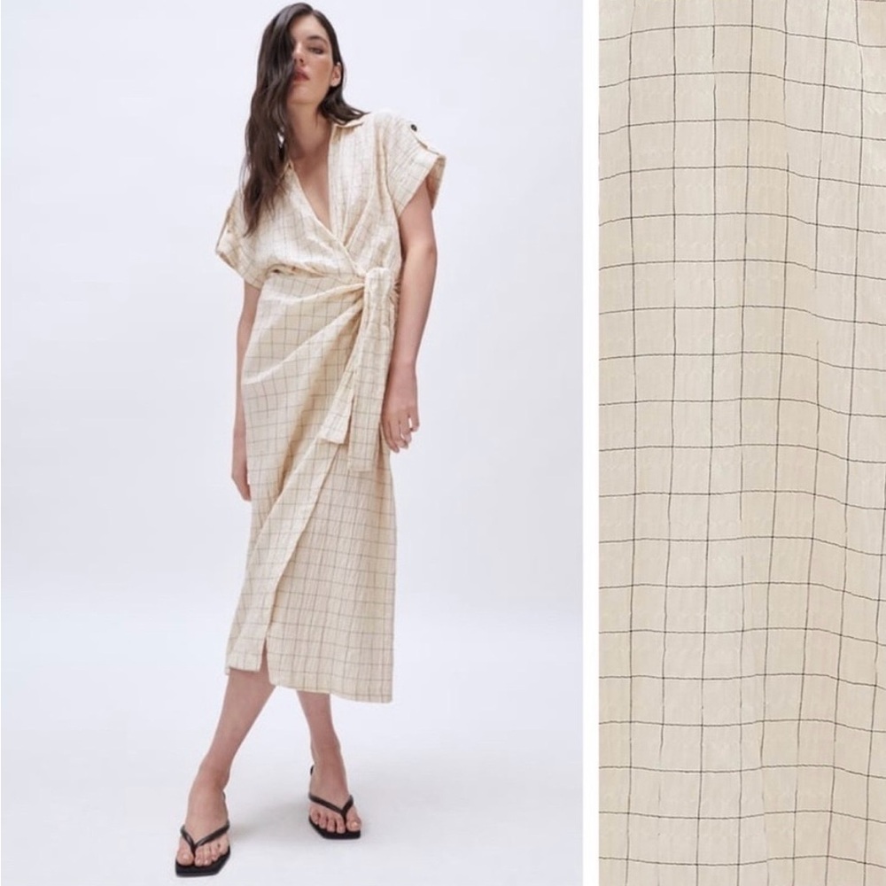 Zara Cream Grid Midi Wrap Dress